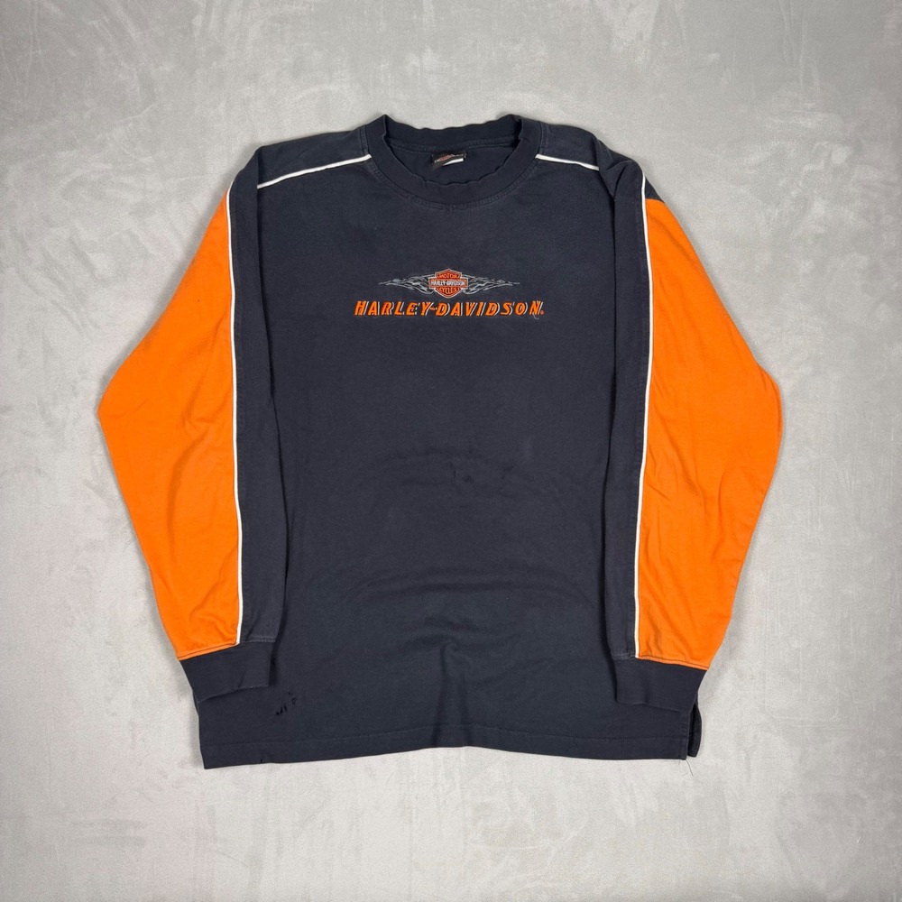 Y2K Mens Harley-Davidson Colorblock Embroidered Long Sleeve Shirt L